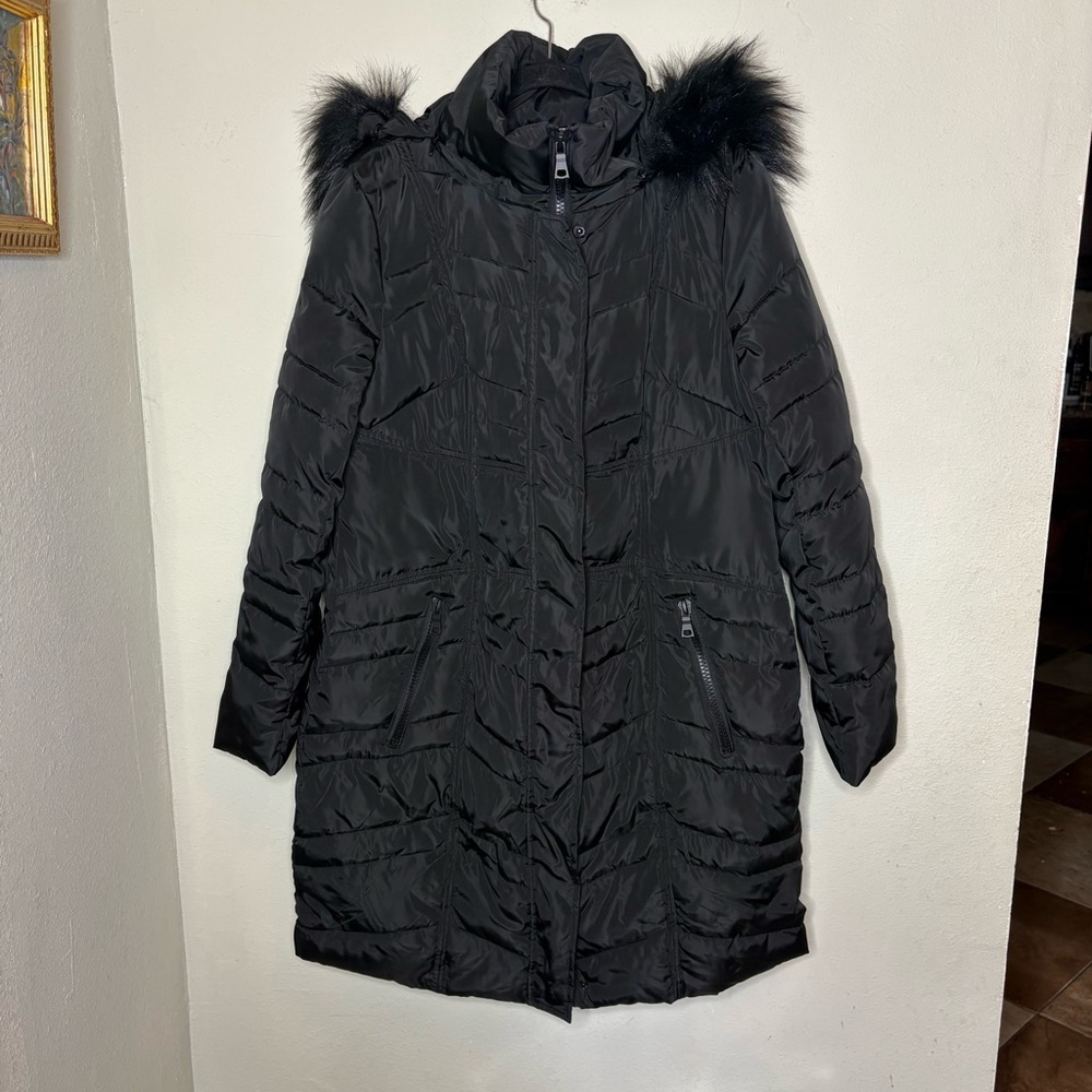 Kensie Black Long Puffer Coat or Parka with Faux Fur Trim Large